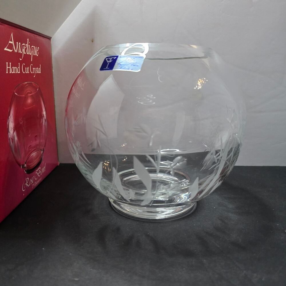 Angelique Crystal Clear Industries Hand Cut Crystal Rose Bowl Romania 8" Box